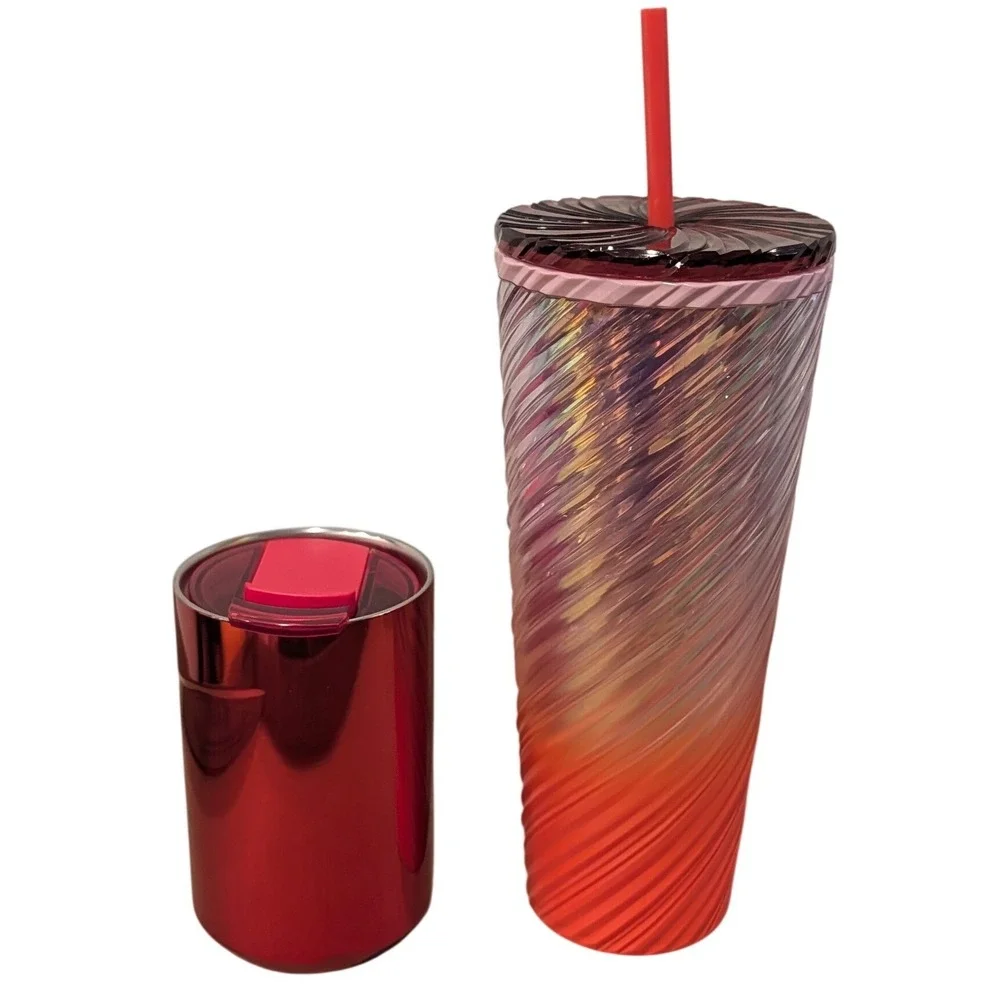 Starbucks Venti Iridescent Swirl Sunset Cold Cup & Metallic Red Tumbler Bundle